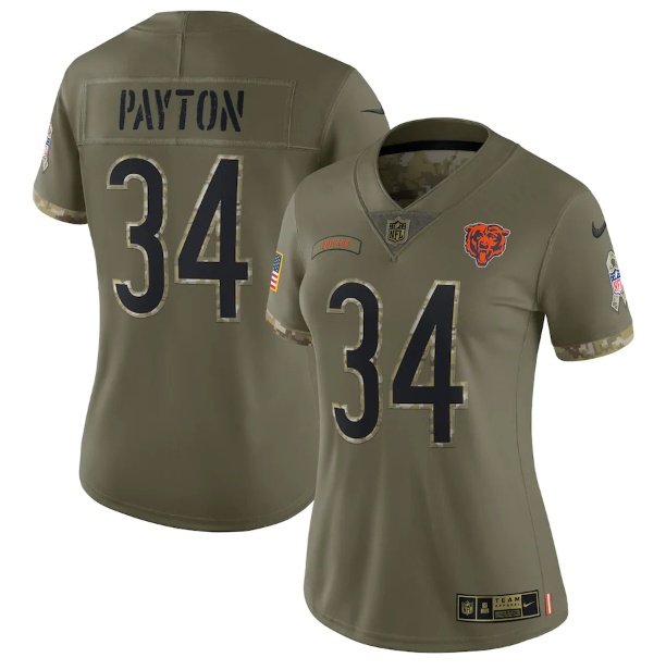 Women's Chicago Bears #34 Walter Payton Olive 2022 Salute To Service Limited Stitched Jersey(Run Small)